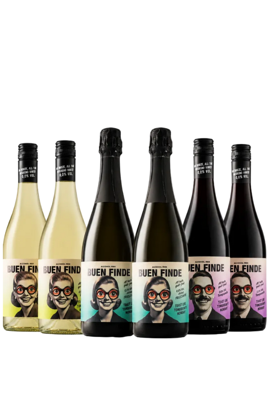 BUEN FINDE «Brillevinene» Alkoholfri blandekasse. 6 viner. 2 av hver rød, hvit og musserende!